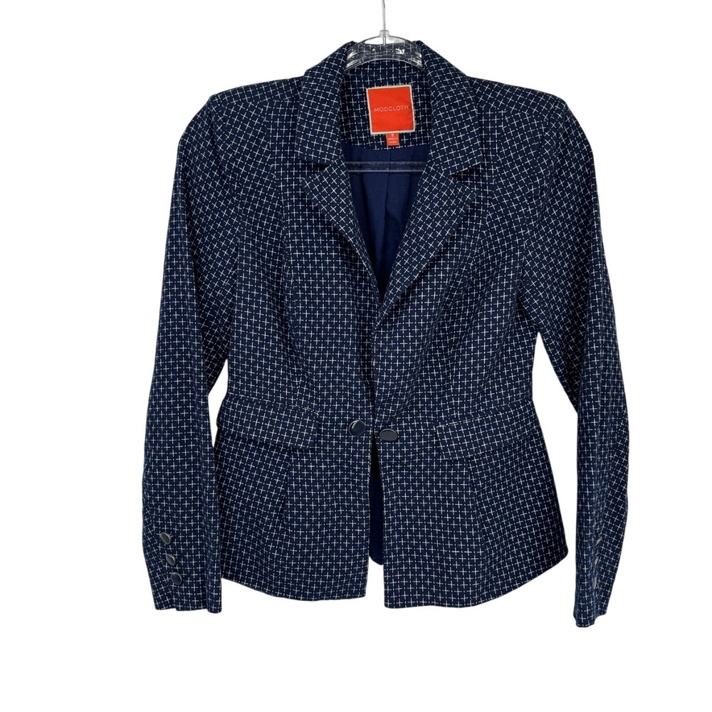 Modcloth Preppy Nautical Blazer Jacket Womens Small Blue White Cotton Knit Bow